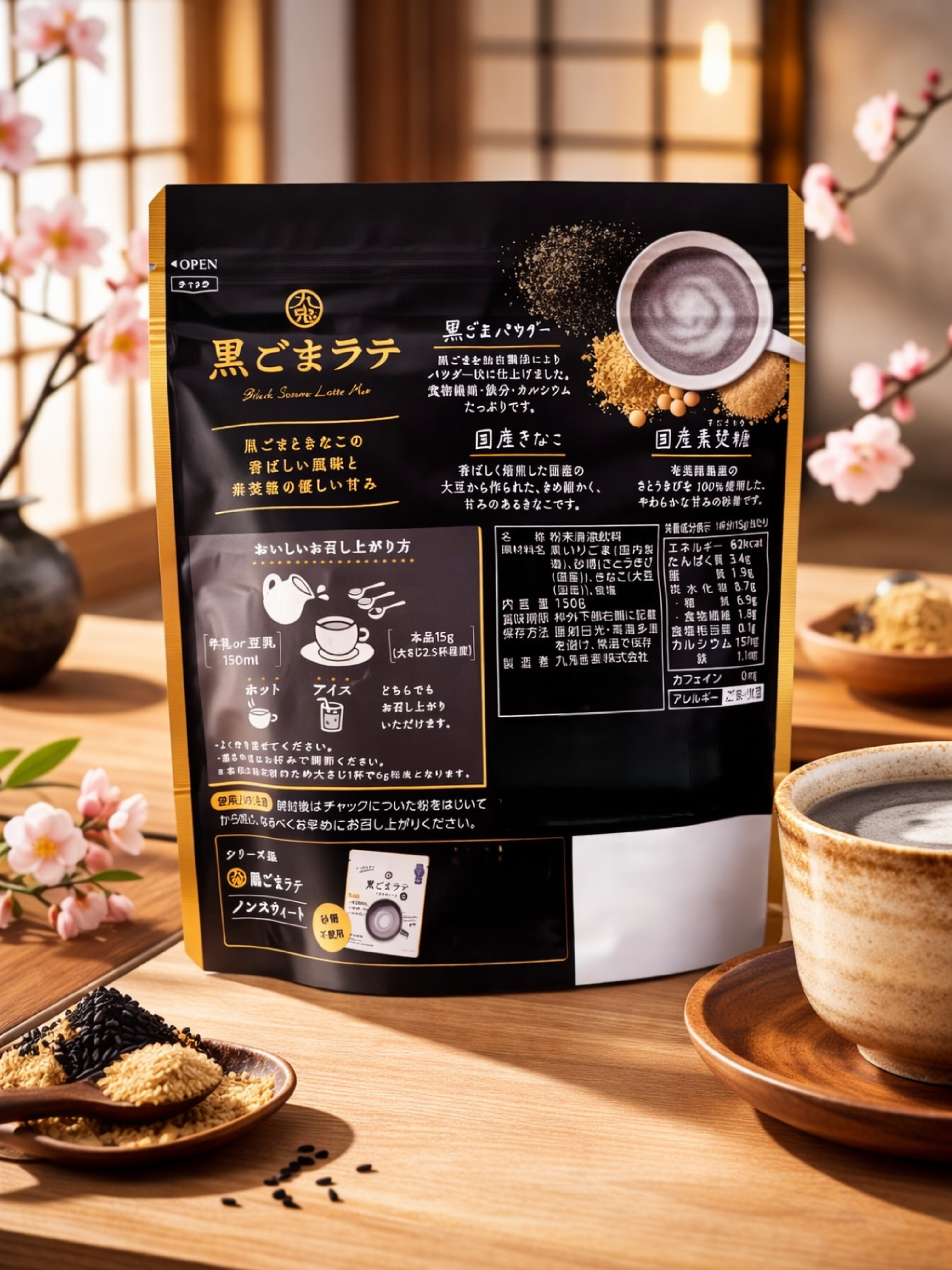 Packaging of a Japanese black sesame latte with a cup of coffee and sesame seeds on a wooden table.