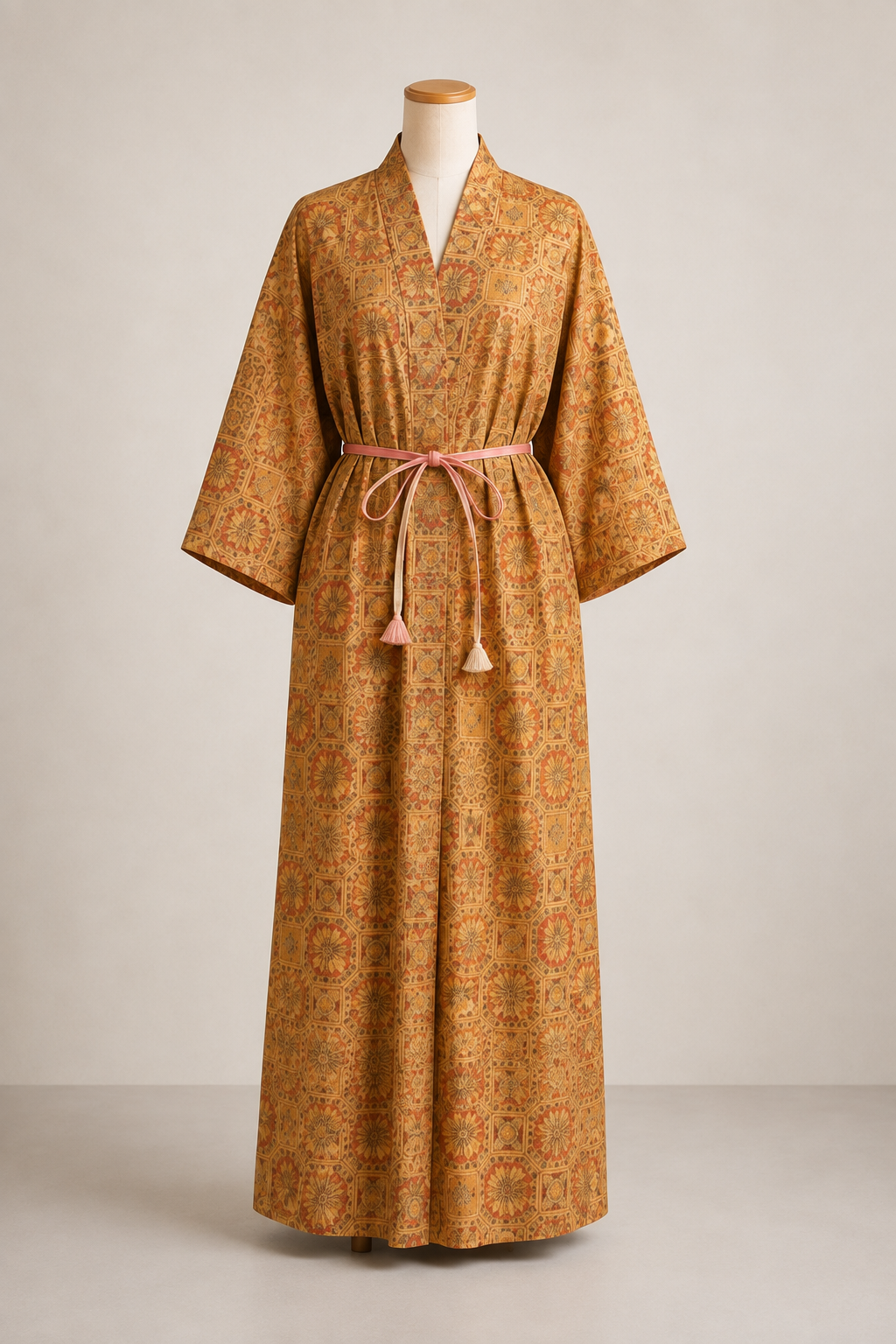 A long kimono-style robe displayed on a mannequin against a plain light gray studio background. The robe is mustard yellow with an allover small floral or geometric print in orange and brown, and has a contrasting light pink tie belt with tassels.