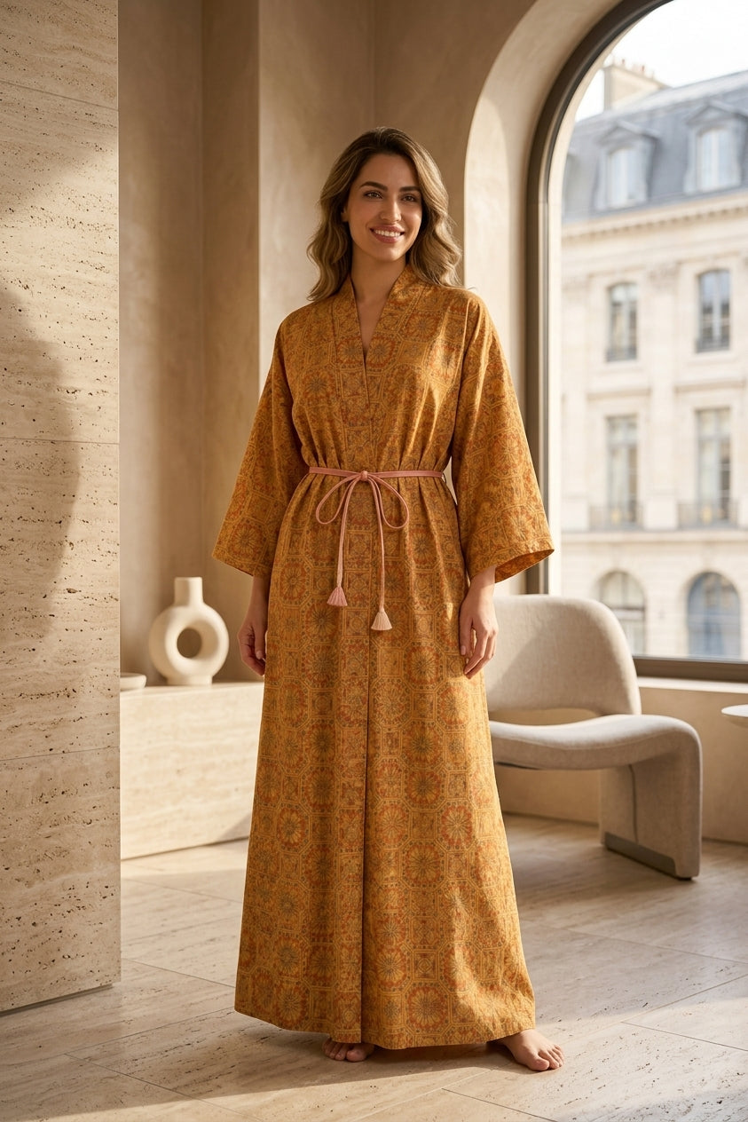 A woman stands barefoot in a sunlit interior wearing a loose, long kaftan-style dress or robe in warm mustard yellow with an allover tonal floral pattern and a matching drawstring waist.