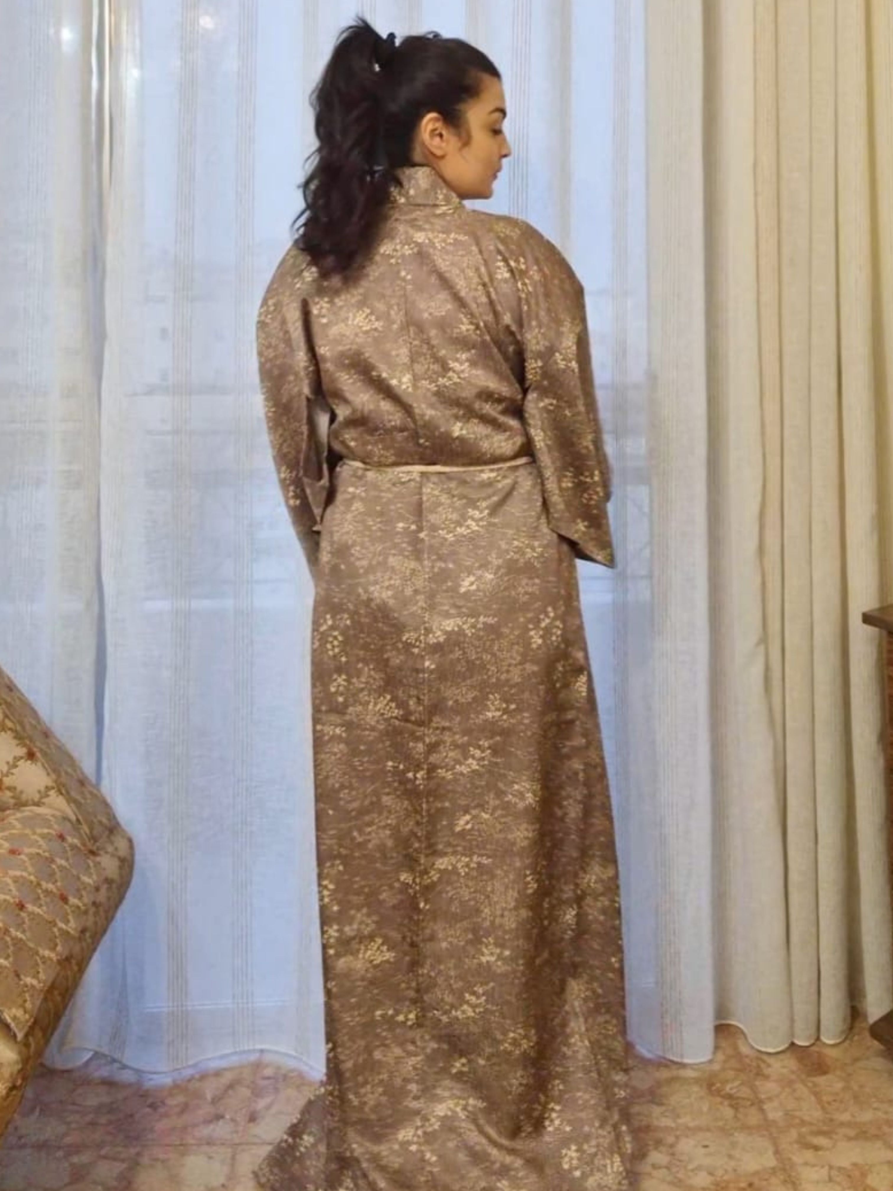 Women wearing authentic Japanese kimono grey patterned 