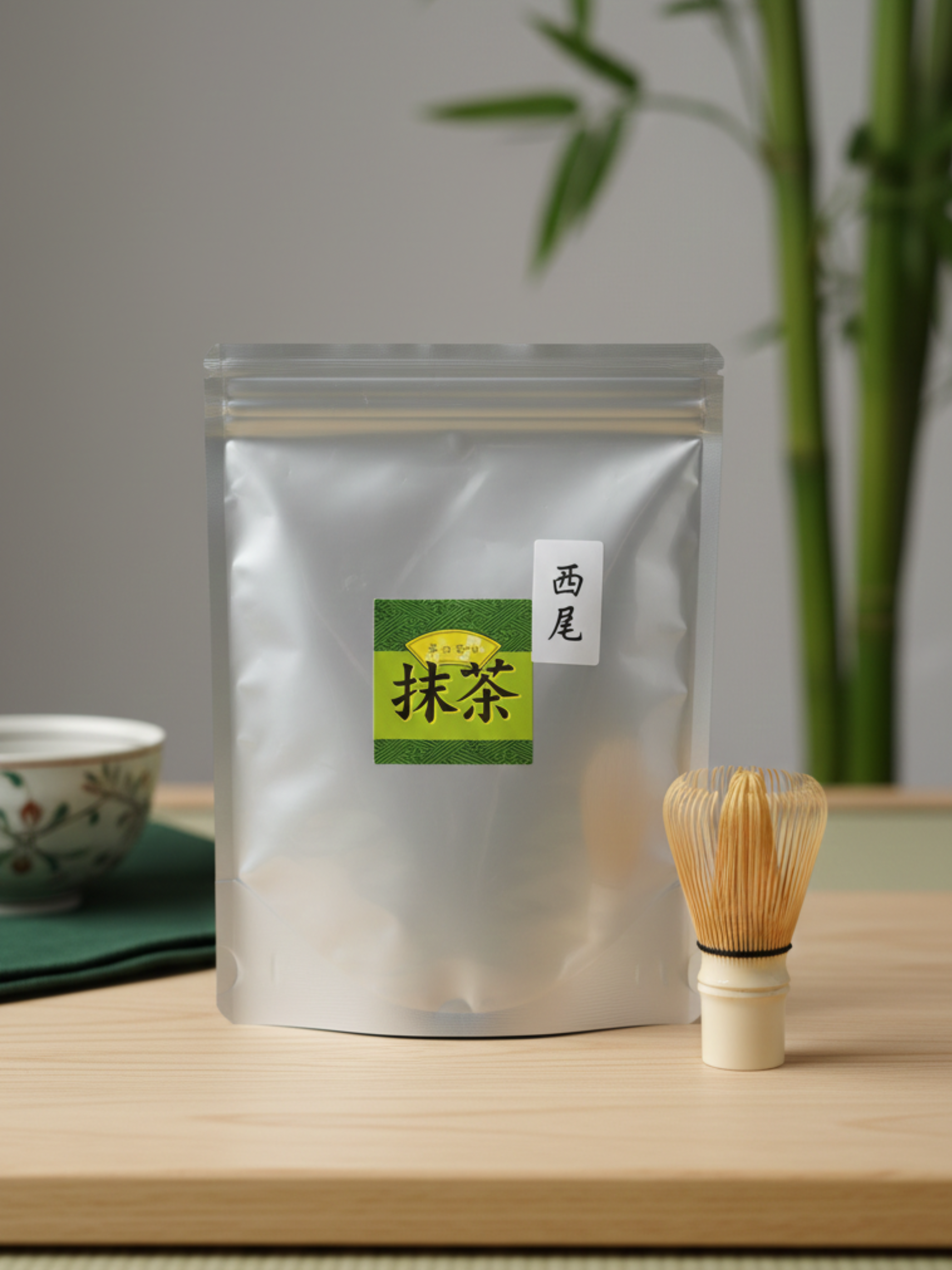 Packaged green tea with a bamboo whisk on a wooden surface