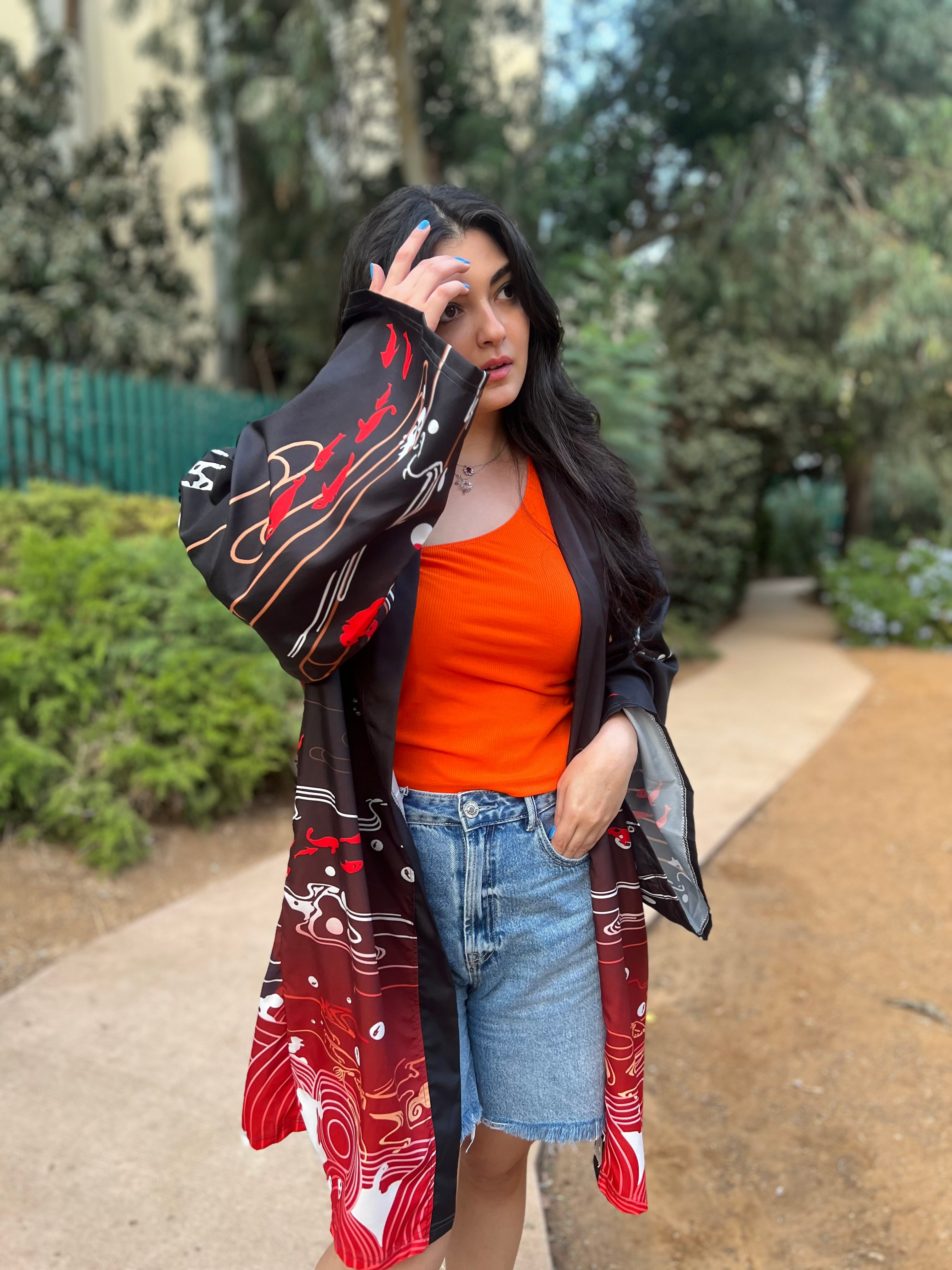 Black Kimono with koi fish pattern 