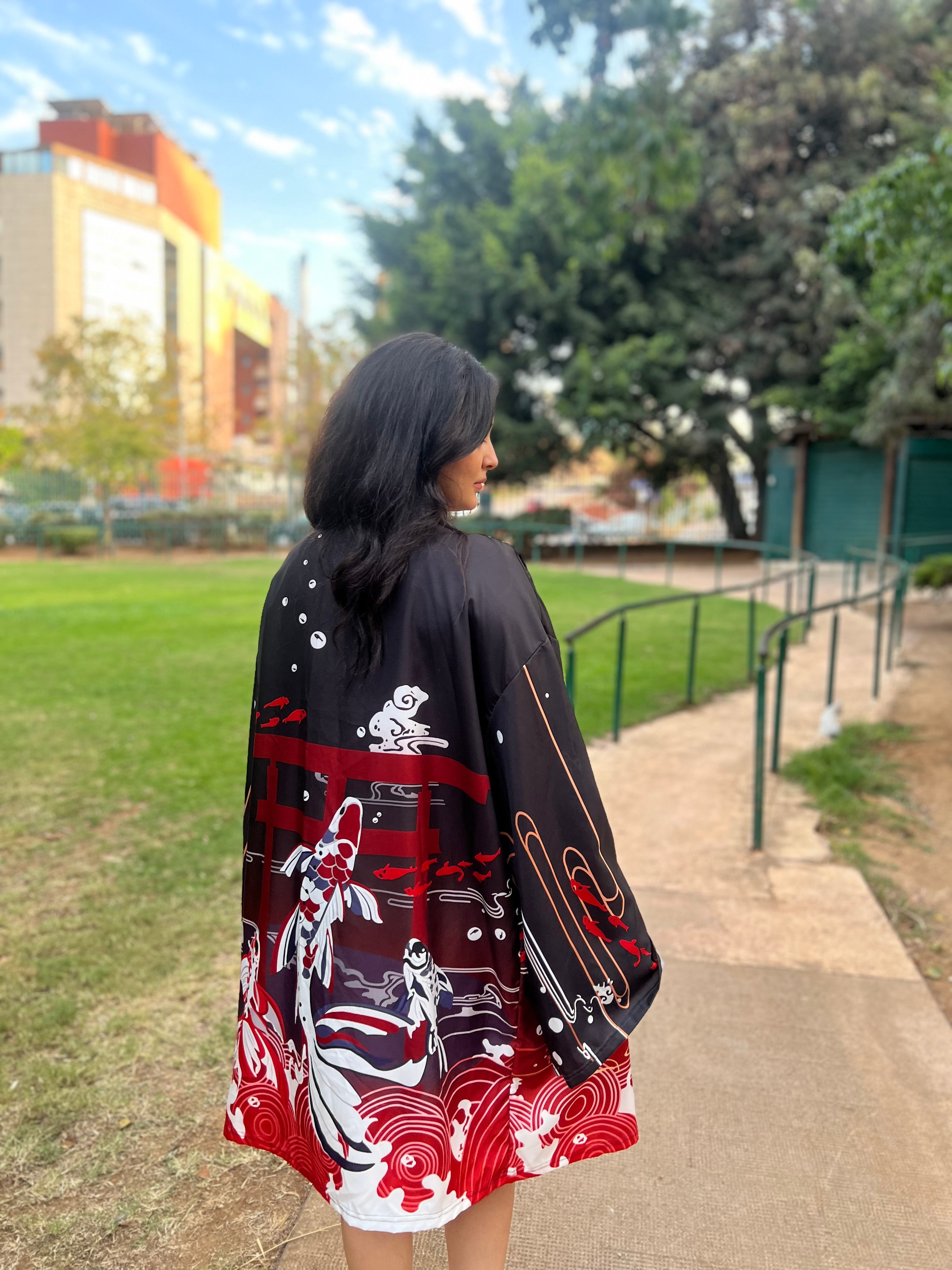 Black Kimono with koi fish pattern 