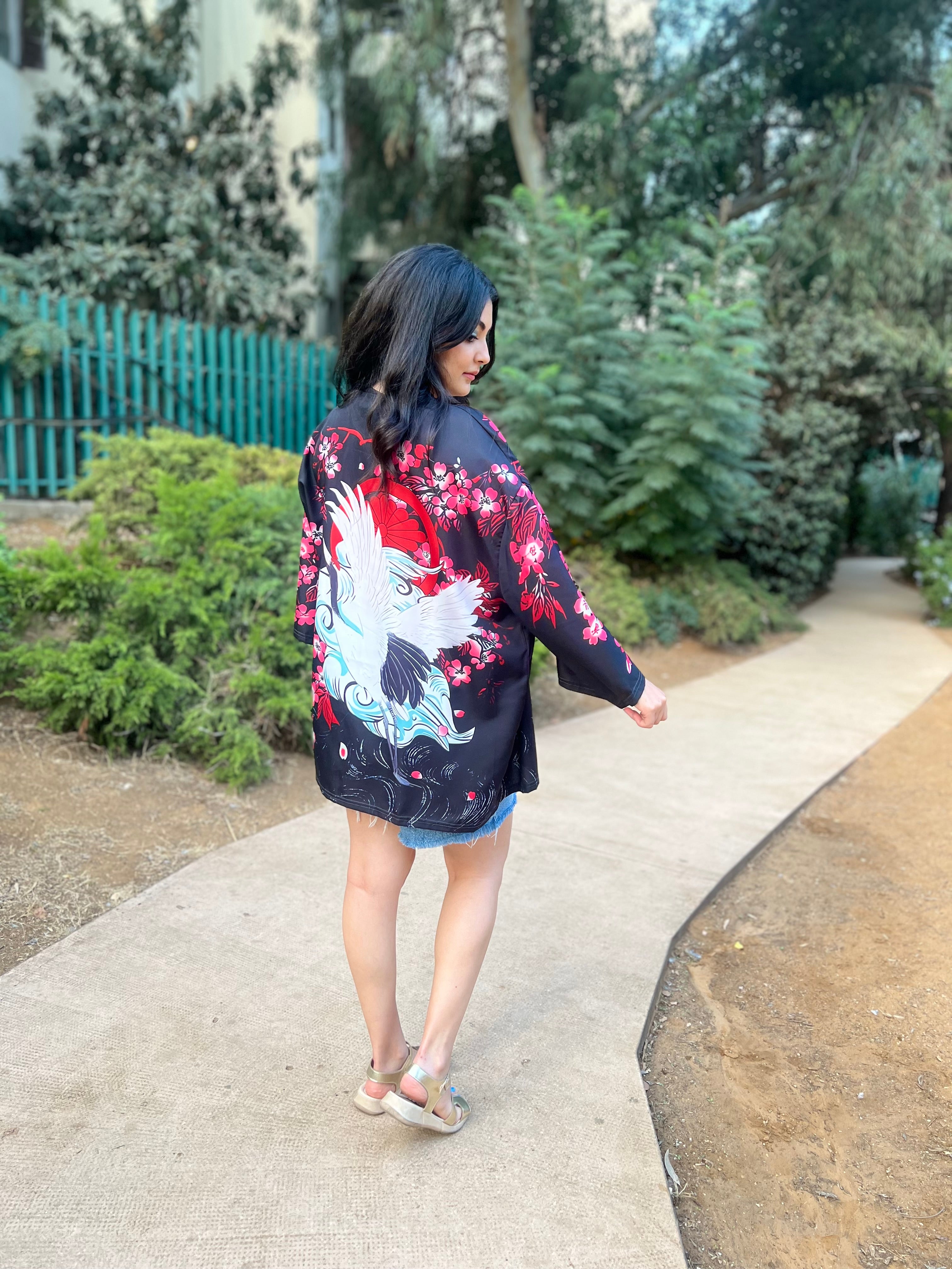 Black Kimono with white bird print 2