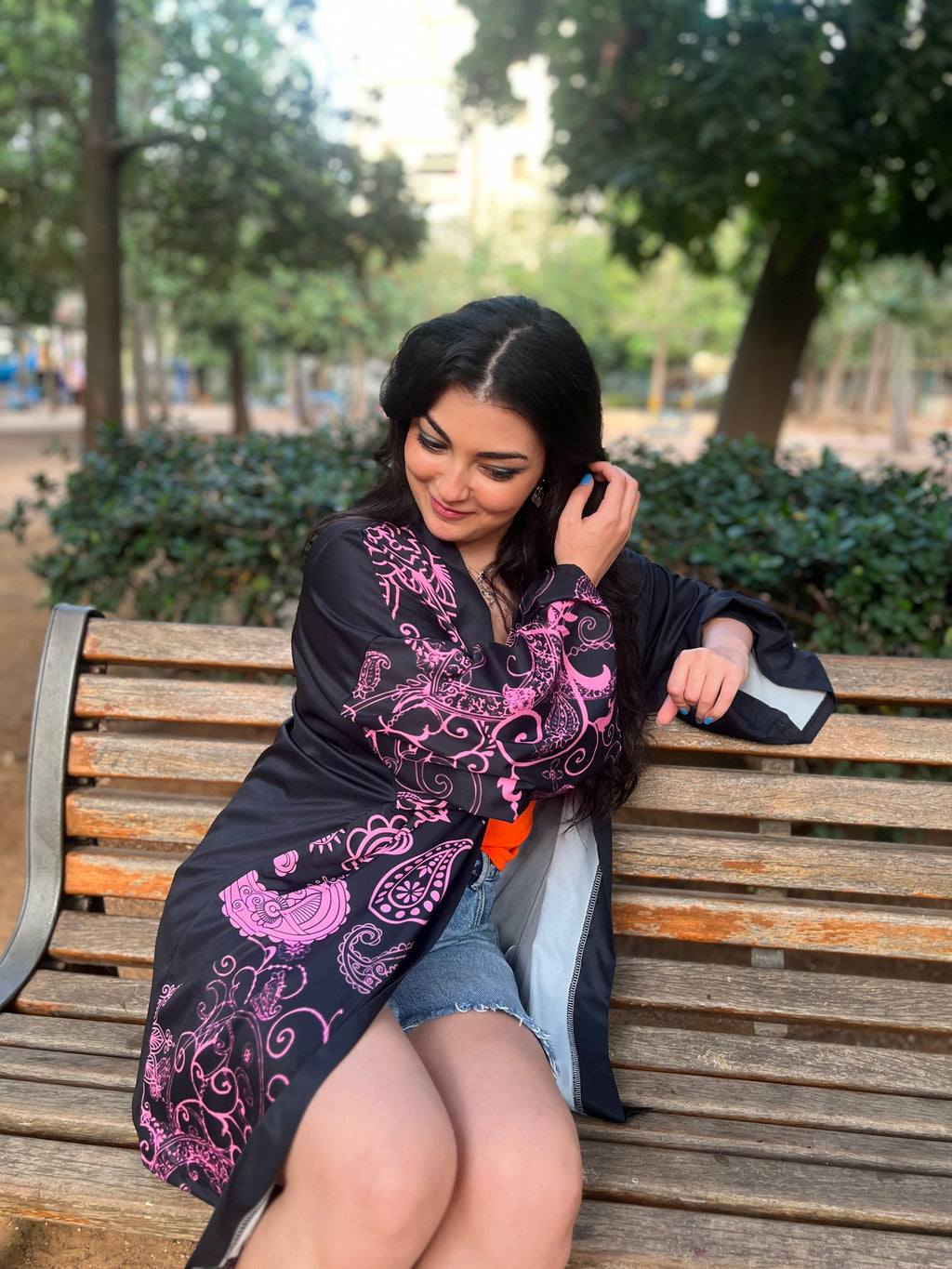 Black kimono with pink floral pattern sleeve 1