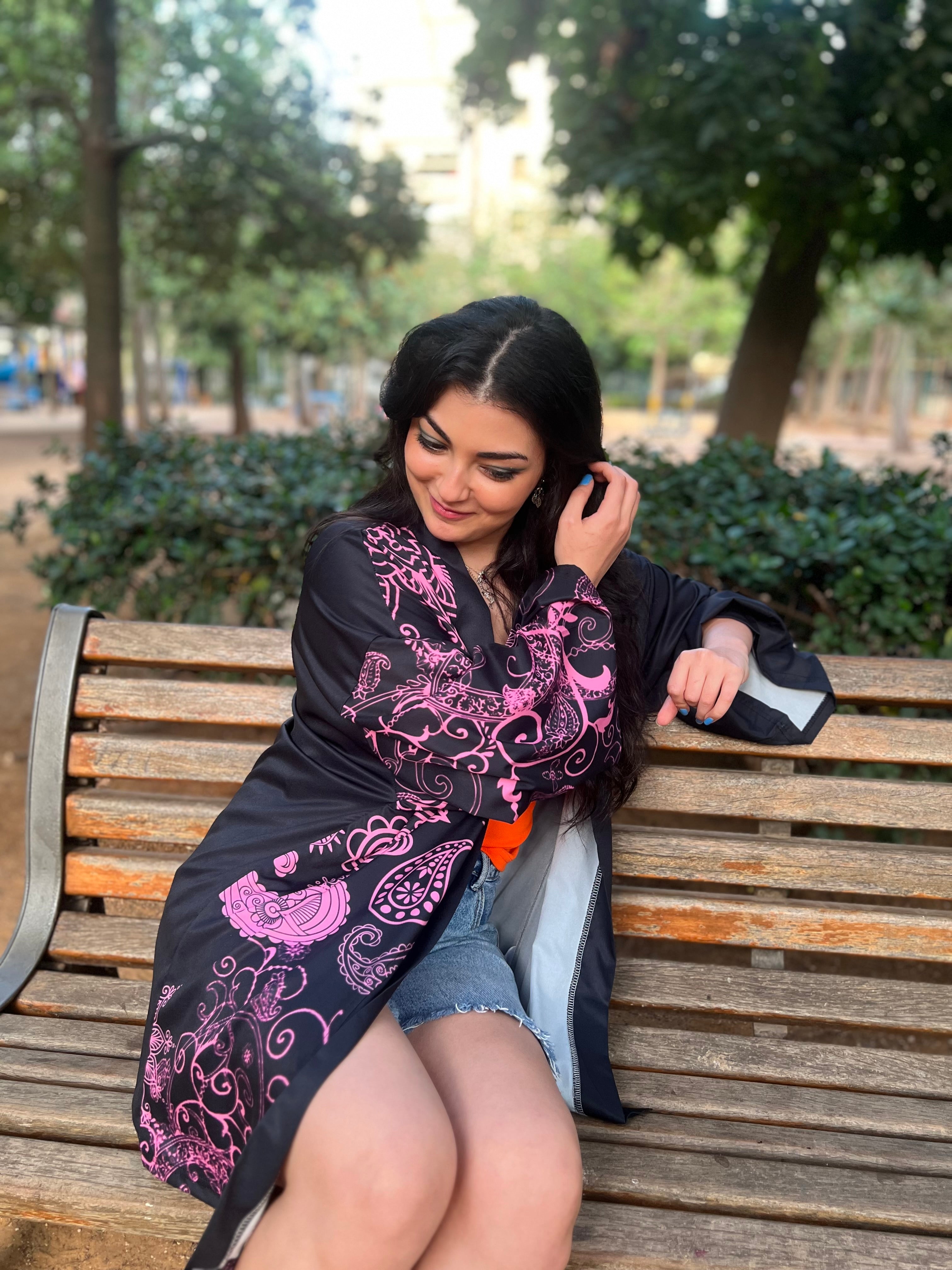 Black kimono with pink floral pattern sleeve 1