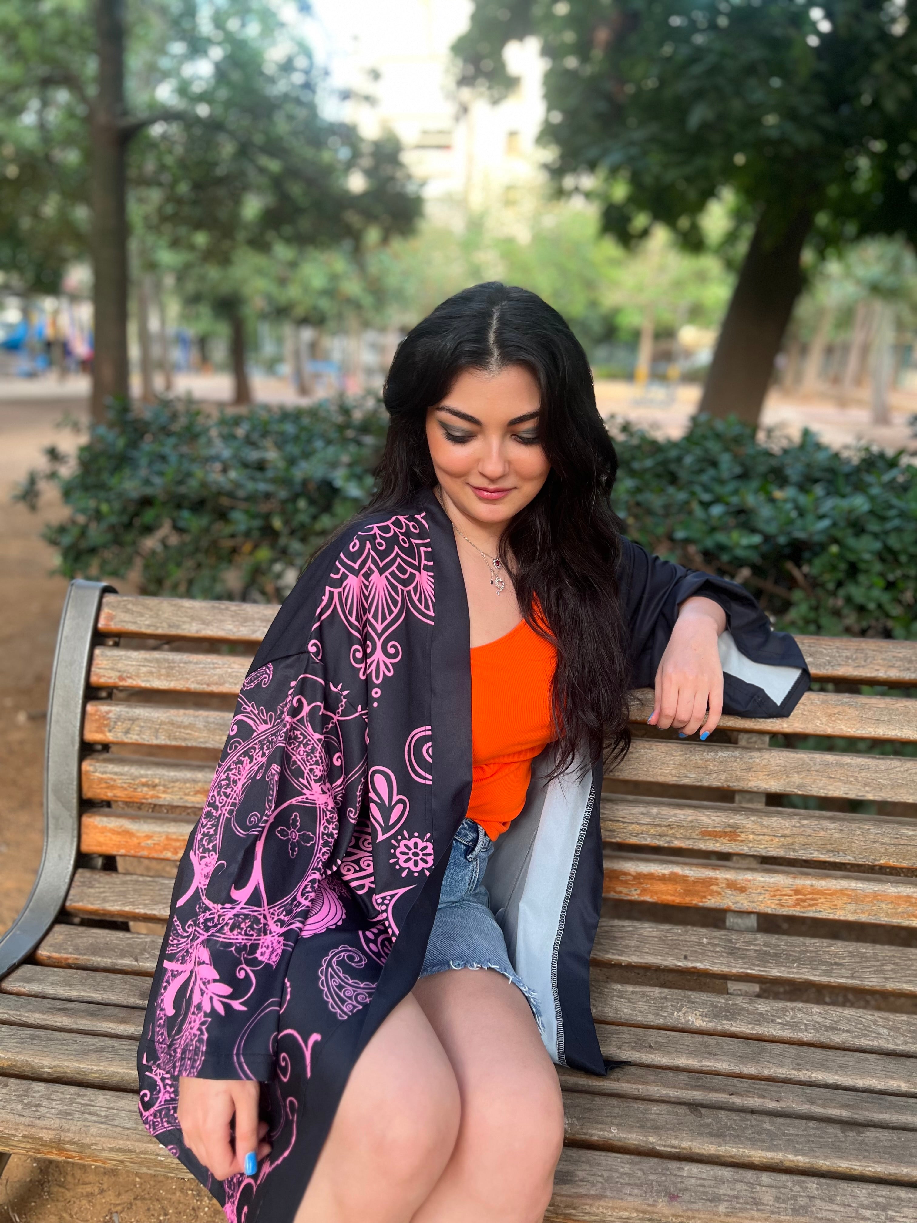 Black kimono with pink floral pattern sleeve 2