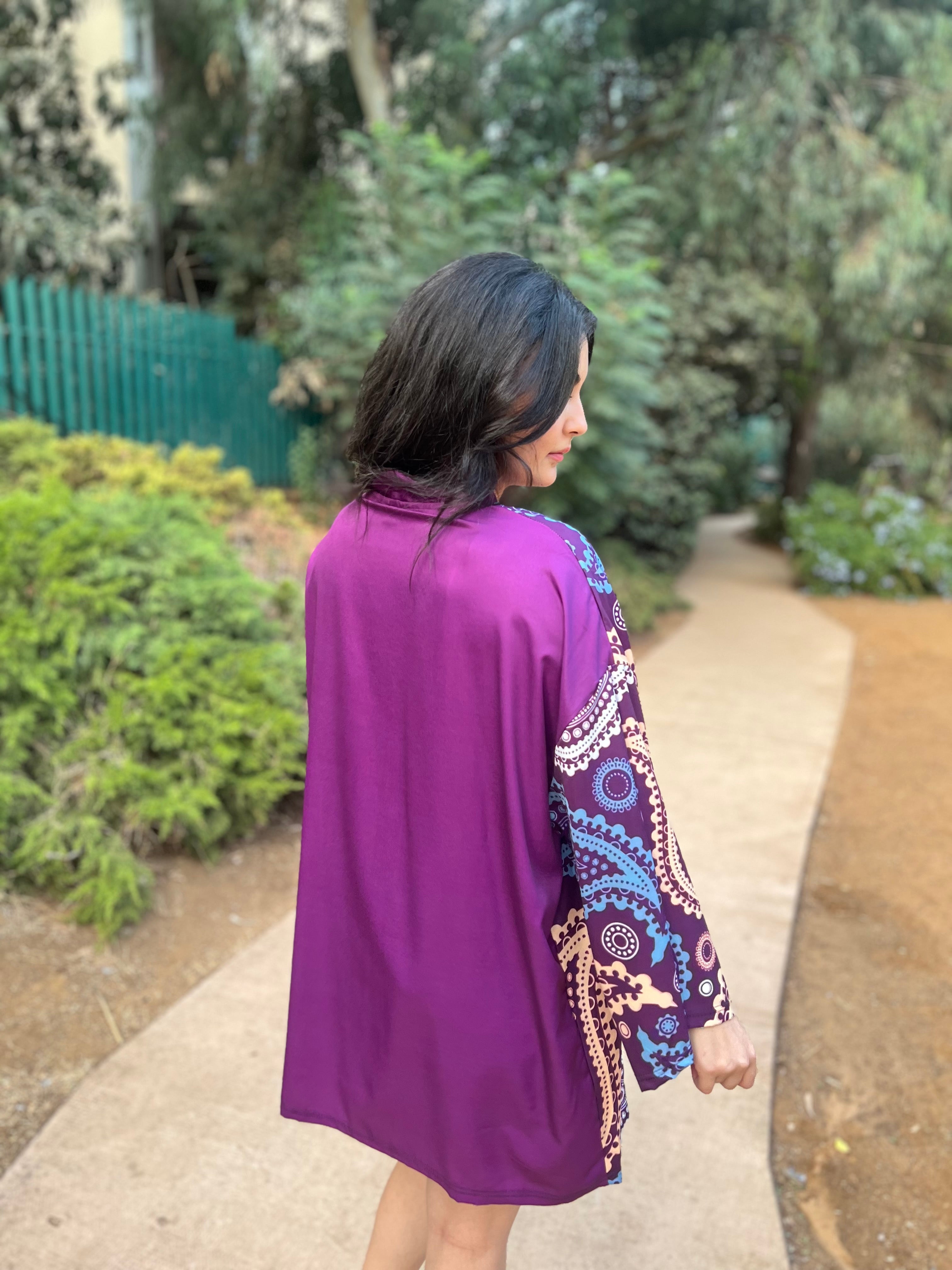 Purple kimono with multicolor sleeve pattern 1