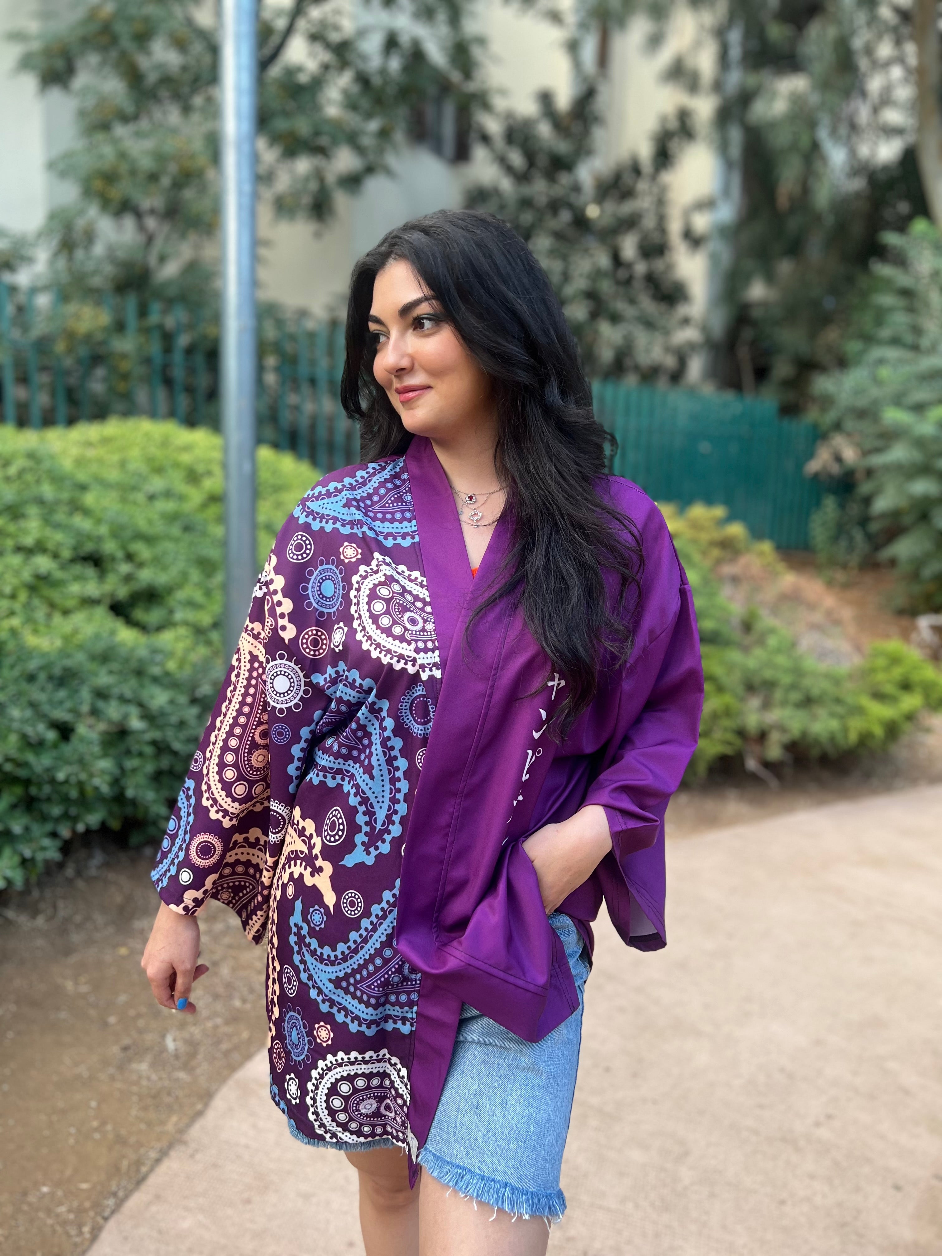 Purple kimono with multicolor sleeve pattern 2