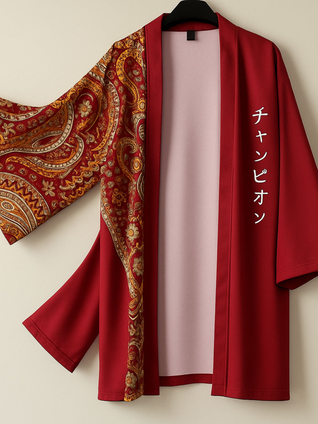 Red kimono with paisley pattern on a beige background
