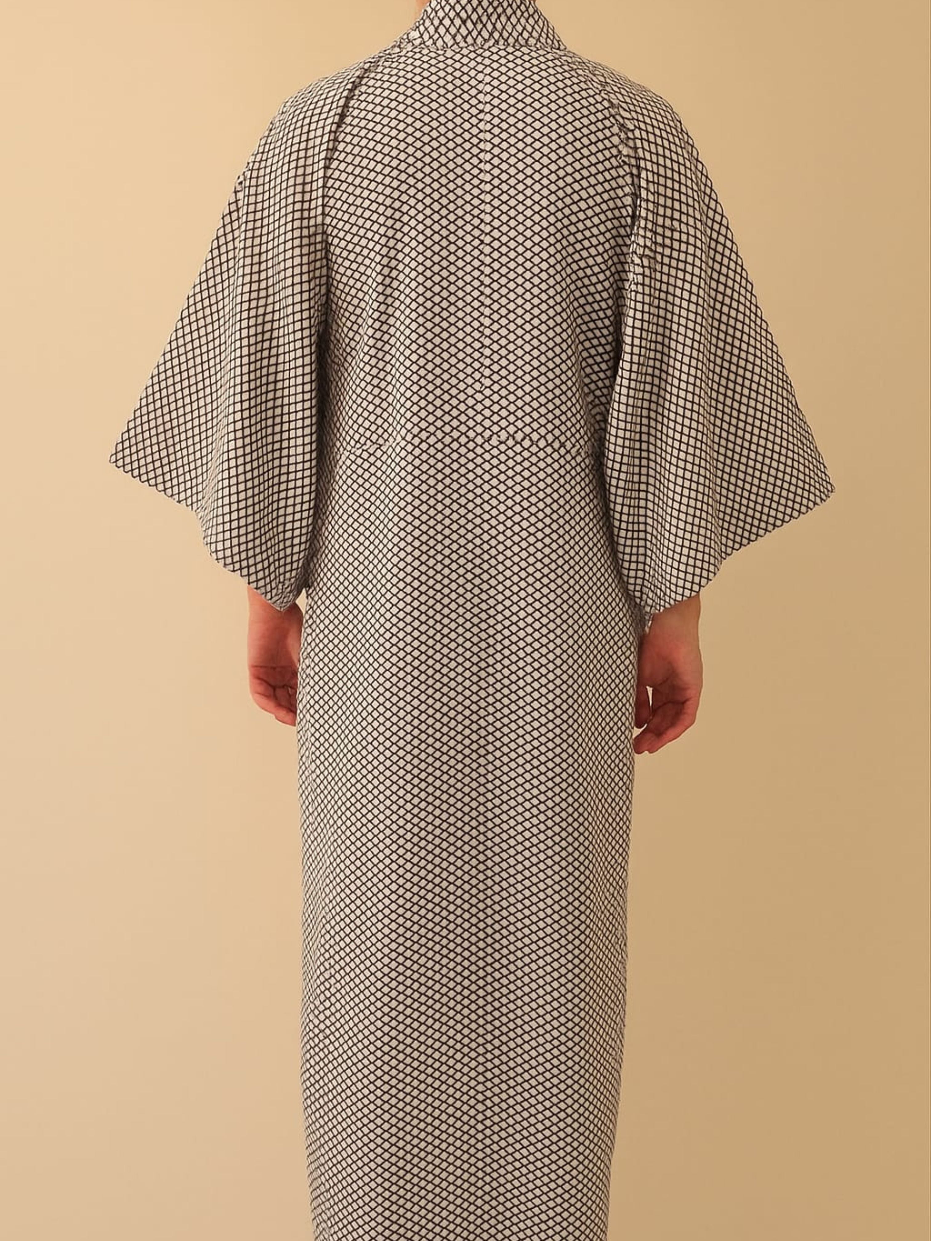 Authentic Japanese black and white patterned kimono with obi belt