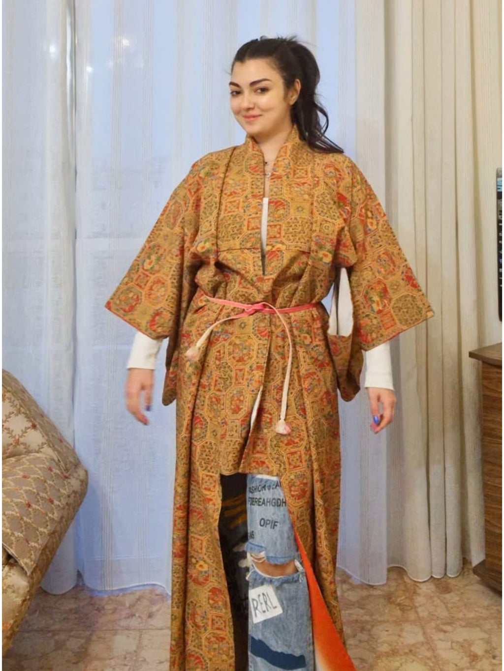 Authentic Japanese golden pattern kimono with obi belt